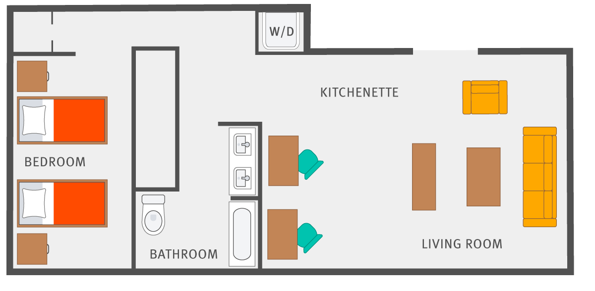 Floor plan of one bedroom with 2 beds, a bathroom, a washer/dryer, a kitchenette and living room with 2 desks.
