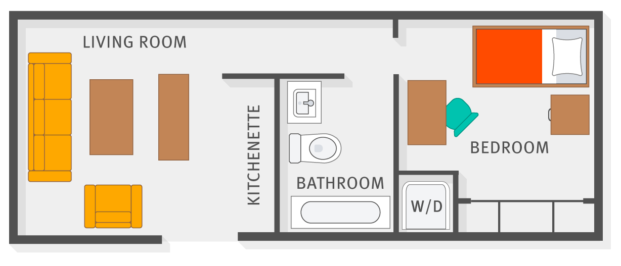 Floor plan diagram showing a bedroom with a bed, desk and dresser, bathroom, kitchenette and living room.