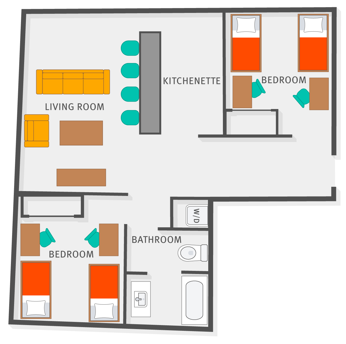 Floor plan of two bedrooms with 2 beds, 2 desks and 1 closet in each, a bathroom, a washer/dryer, a kitchenette and living room.