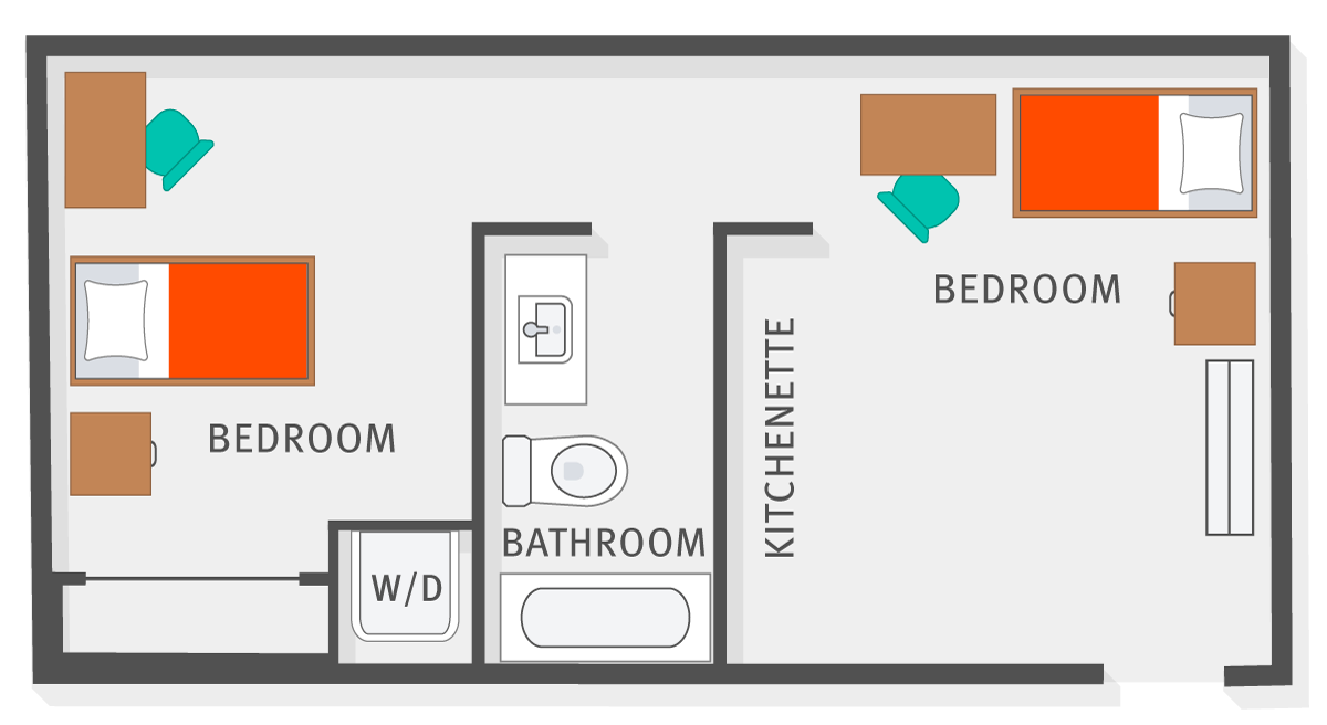 Floor plan showing a studio unit with 2 beds, 2 desks, a kitchenette, a bathroom and a washer/dryer.