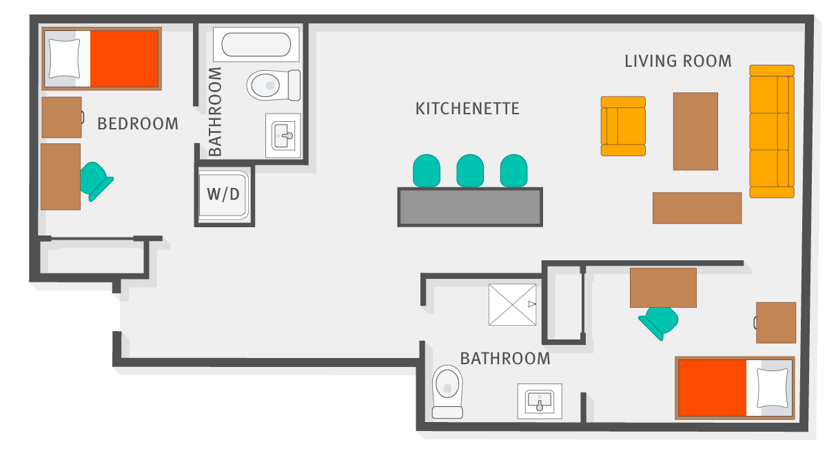 Floor plan showing a living room and kitchenette, with a bedroom at each end with en-suite bathroom.