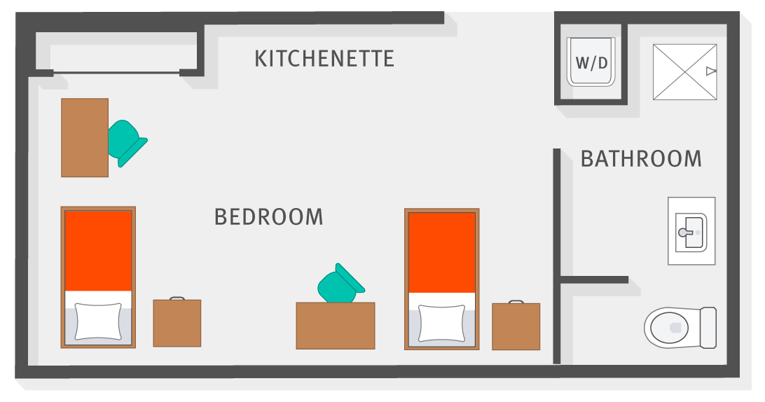 Floor plan showing a studio unit with 2 beds, 2 desks, a closet, kitchenette, bathroom and washer/dryer.