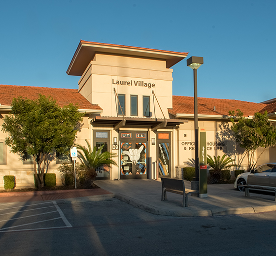 Front of Laurel Village and the UTSA Housing & Residence Life office