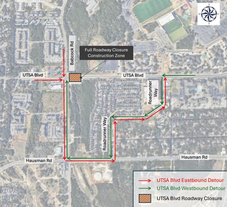 Map showing UTSA Boulevard closure and detour via Roadrunner Way, Hausman Road and Babcock Road.
