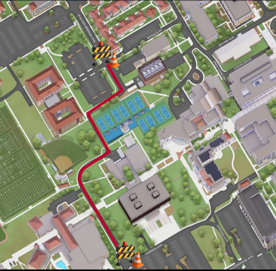 Map showing Brenan Avenue closed between Bosque Street and Edward Ximenes Avenue.
